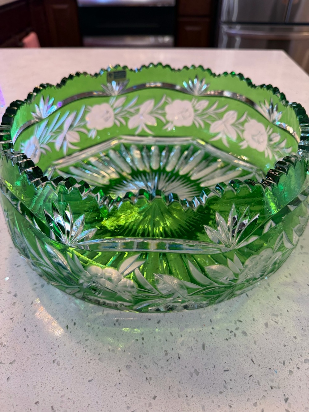 Vintage Lausitzer Glas Green Hand-Cut Lead Crystal Bowl Large Heavy